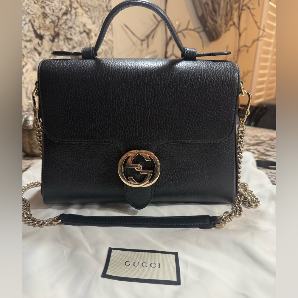 Gucci Black Leather Crossbody Bag with Gold Accents interlocked G’s